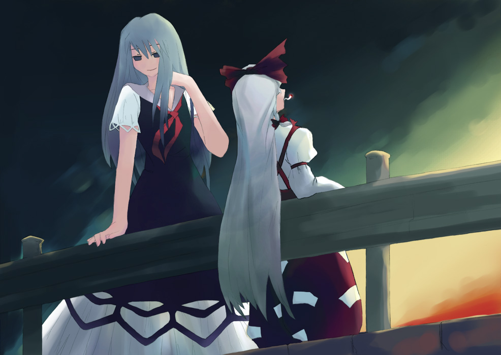 takanashi akihito, fujiwara no mokou, kamishirasawa keine, touhou, 2girls, cigarette, female focus, multiple girls, night, night sky, sky, smoking