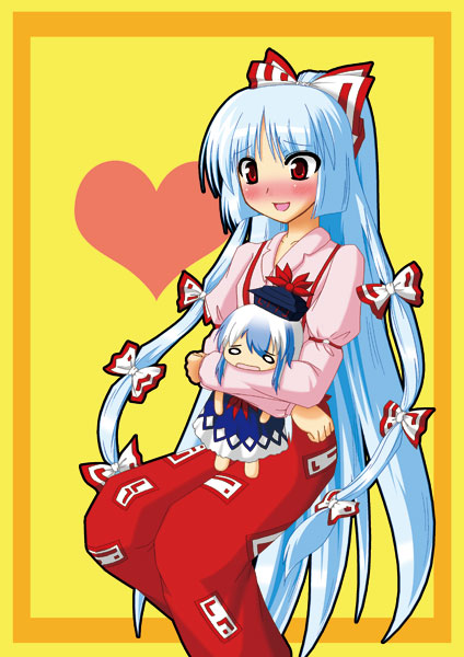 fujiwara no mokou, kamishirasawa keine, touhou, 2girls, blush, chibi, female focus, hug, multiple girls, sitting