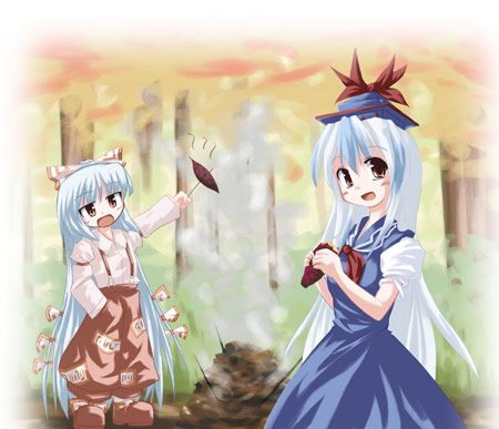 koto (keioteo), fujiwara no mokou, kamishirasawa keine, touhou, lowres, 2girls, female focus, food, long hair, multiple girls, smoke, sweet potato, very long hair
