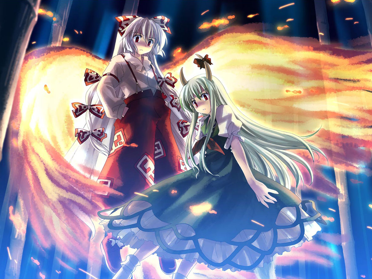 yuuki tatsuya, ex-keine, fujiwara no mokou, kamishirasawa keine, touhou, silver hair, 2girls, bow, dress, female focus, fiery wings, fire, floating, forest, frilled dress, frills, frown, green hair, hair bow, horn ornament, horn ribbon, horns, long hair, multiple girls, multiple hair bows, nature, pants, red eyes, ribbon, suspenders, very long hair, wings