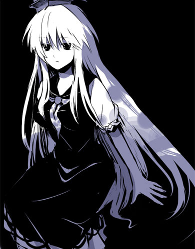 kamishirasawa keine, touhou, lowres, 1girl, female focus, monochrome, purple theme, solo