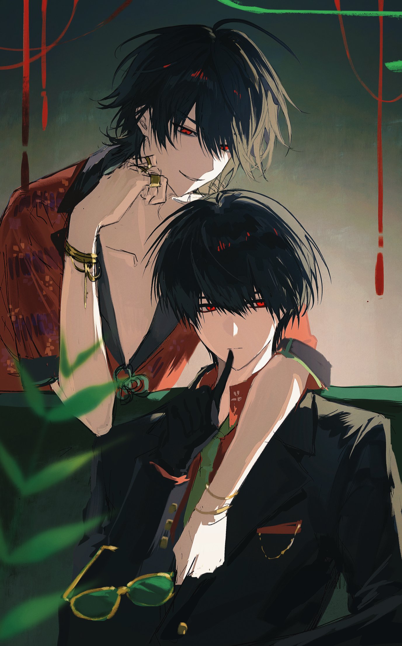 sona (lnjixn), oosaki (ooe), ooe (game), highres, 2boys, black gloves, black hair, black jacket, bracelet, closed mouth, collarbone, collared shirt, daiba shizuma, earrings, formal clothes, glasses, gloves, hair between eyes, holding, holding removed eyewear, jacket, jewelry, long sleeves, looking at viewer, male focus, multiple boys, necktie, red eyes, red shirt, ring, shirt, short hair, short sleeves, smile, suit, sunglasses, unworn eyewear, upper body