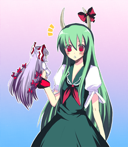harano, ex-keine, fujiwara no mokou, kamishirasawa keine, touhou, 2girls, female focus, gradient background, green hair, horn ornament, horn ribbon, horns, long hair, mini person, minigirl, multiple girls, purple hair, ribbon, standing