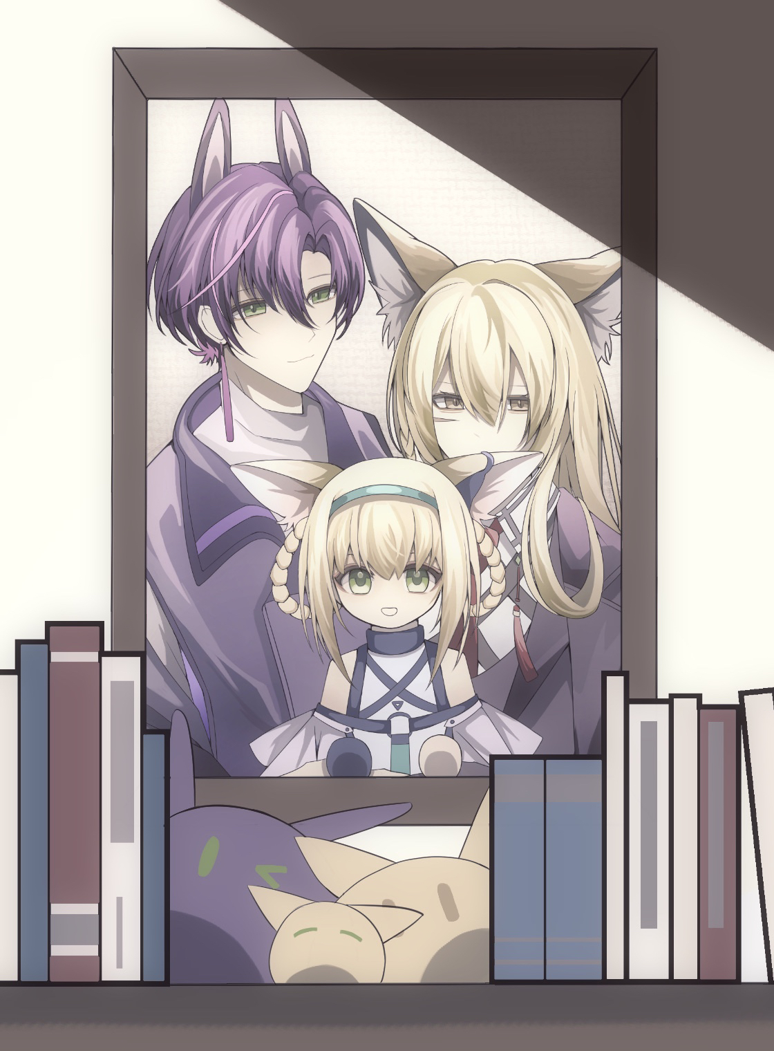 suzuran's father (arknights), suzuran (arknights), vulpisfoglia (arknights), arknights, chinese commentary, commentary request, highres, 1boy, 2girls, :d, animal ear fluff, animal ears, bare shoulders, blonde hair, book, earrings, facial scar, family, father and daughter, green eyes, grey hairband, hair between eyes, hair intakes, hair rings, hairband, jewelry, jinmozhechi873, long hair, looking at viewer, mother and daughter, multiple girls, no nose, o-ring, open mouth, picture frame, purple hair, scar, scar on cheek, scar on face, short hair, smile, upper body, yellow eyes