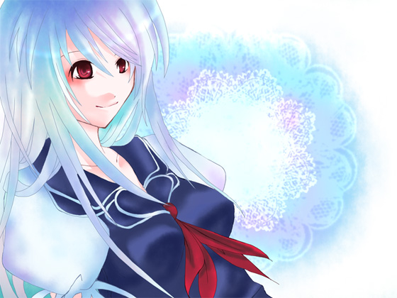 kamishirasawa keine, touhou, kerchief, silver hair, 1girl, blue dress, breasts, dress, female focus, long hair, puffy short sleeves, puffy sleeves, red eyes, short sleeves, smile, solo, upper body, very long hair