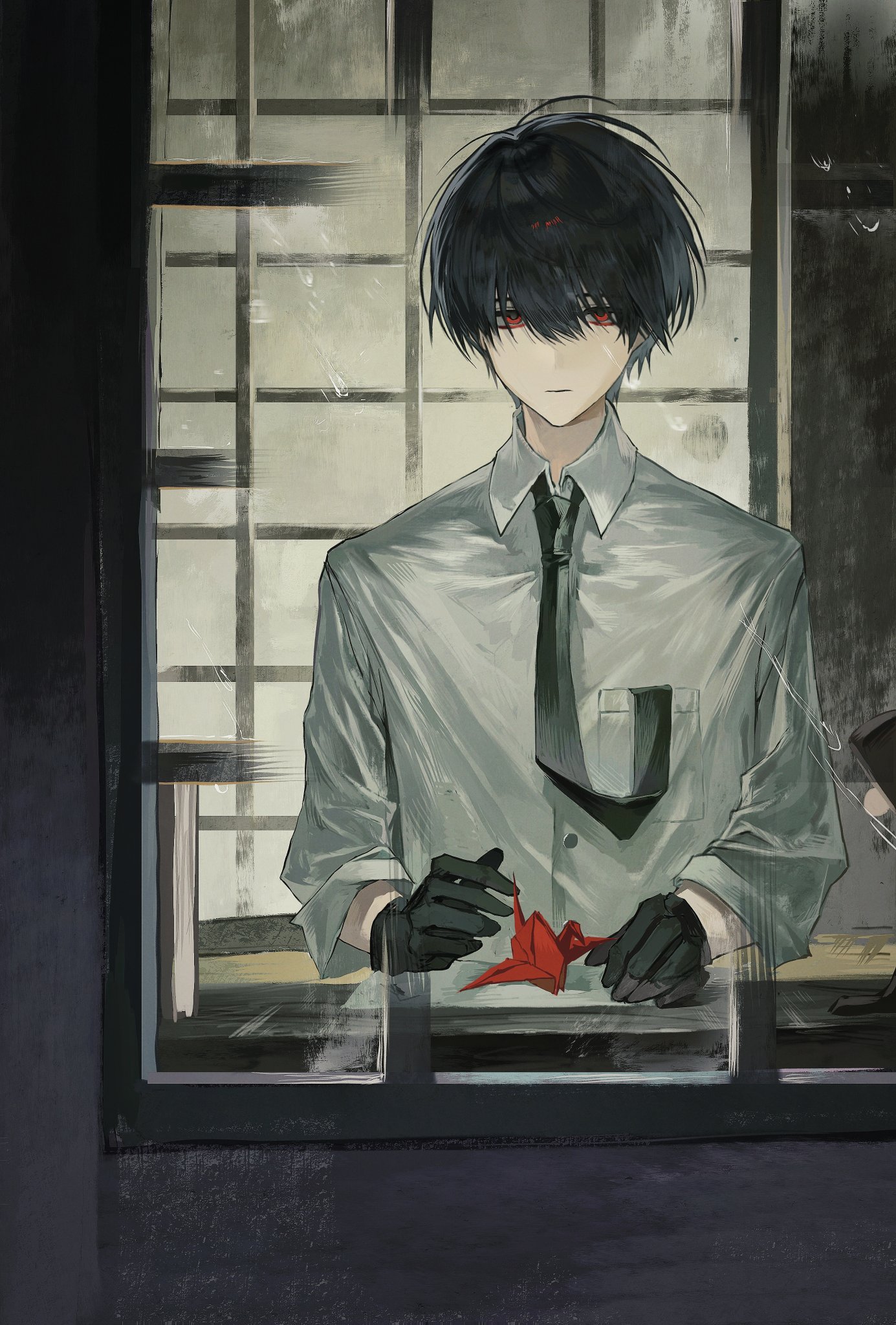 sona (lnjixn), oosaki (ooe), ooe (game), highres, 1boy, black gloves, black hair, black necktie, breast pocket, closed mouth, collared shirt, from outside, gloves, hair between eyes, holding, indoors, long sleeves, looking at viewer, male focus, necktie, origami, paper crane, pocket, red eyes, shirt, short hair, solo, upper body, white shirt, window