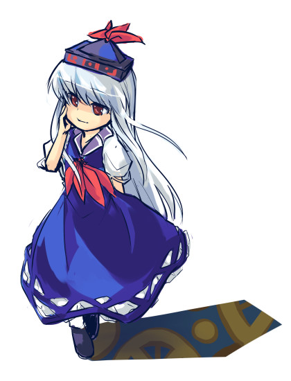 kamishirasawa keine, touhou, kerchief, silver hair, 1girl, blue dress, boots, brown boots, dress, female focus, full body, hat, knee boots, long hair, puffy short sleeves, puffy sleeves, red eyes, short sleeves, solo, standing, tate eboshi, very long hair