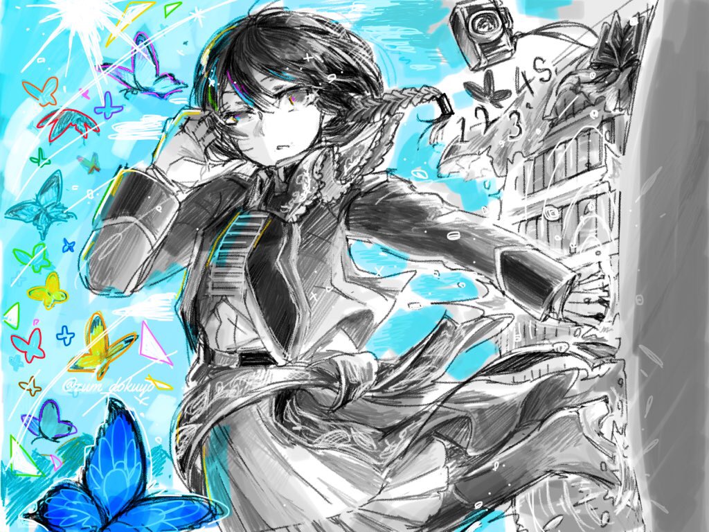 tsundoku, es (alter ego), alter ego (game), 1girl, black hair, blue butterfly, book, bookshelf, braid, braided ponytail, bug, butterfly, collared jacket, collared shirt, crying, crying with eyes open, gloves, insect, jacket, monochrome, neck ribbon, numbers, portal (object), ribbon, shirt, skirt, sun, sunlight, tears, under skirt, undershirt, white gloves, yellow butterfly, zumdocu