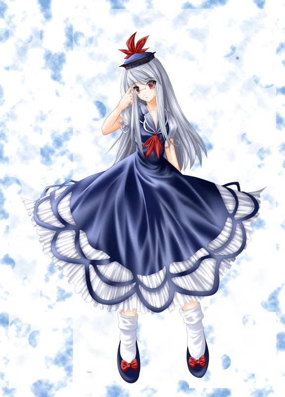 white (blue white), kamishirasawa keine, touhou, 1girl, adjusting eyewear, bespectacled, female focus, glasses, long hair, red eyes, solo, white hair