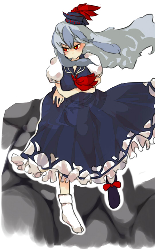 kamishirasawa keine, touhou, kerchief, 1girl, blue dress, crossed arms, dress, female focus, hat, puffy short sleeves, puffy sleeves, red eyes, short sleeves, simple background, solo, standing, tate eboshi, white background