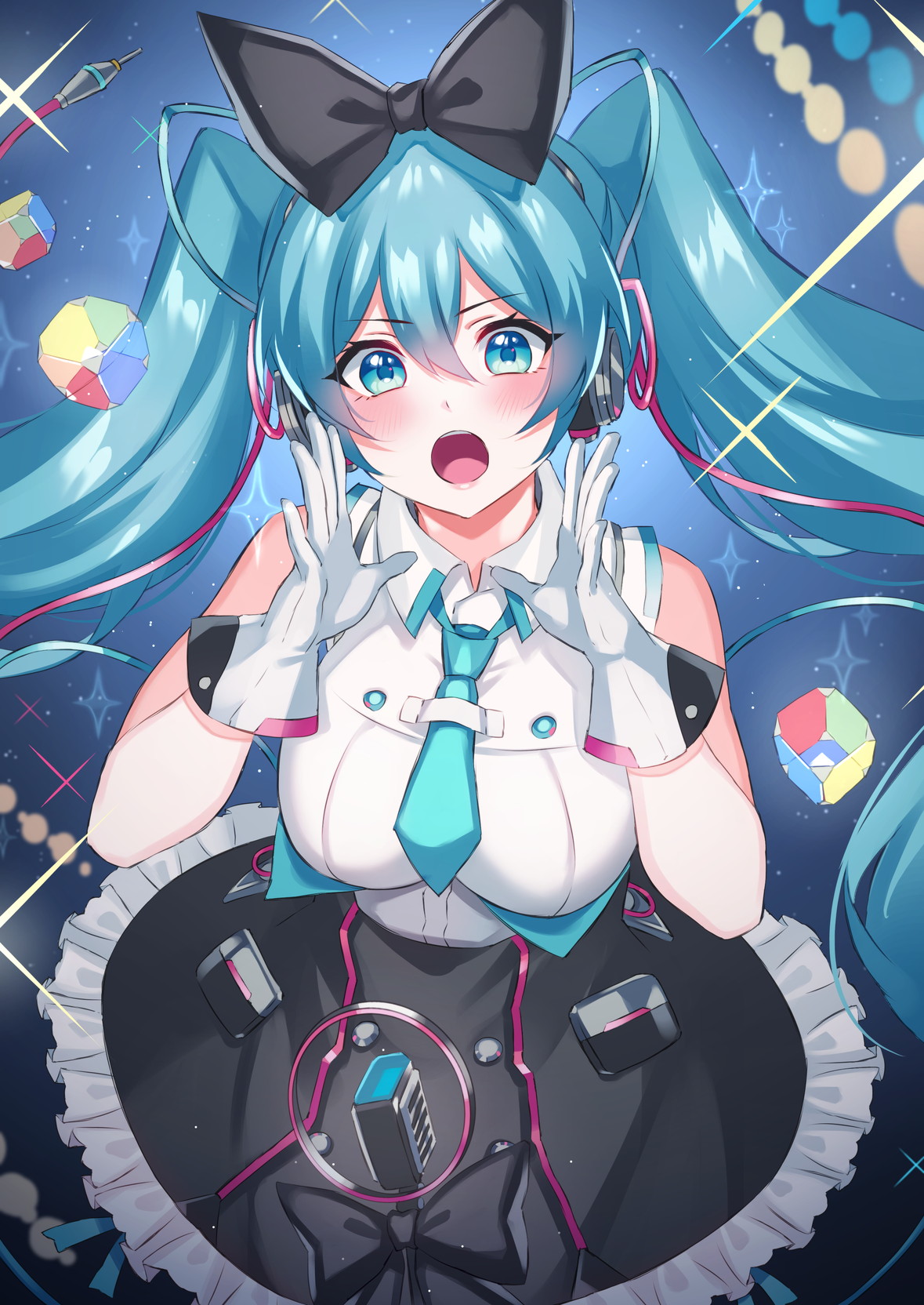 inue ao, hatsune miku, magical mirai miku, magical mirai miku (2016), 39 music (vocaloid), magical mirai (vocaloid), vocaloid, highres, 1girl, aqua eyes, aqua hair, aqua necktie, black bow, black skirt, blush, bow, breasts, collared shirt, frilled skirt, frills, gloves, hair between eyes, hair bow, hair ornament, headset, long hair, looking at viewer, medium breasts, microphone, necktie, official alternate costume, official alternate hairstyle, open mouth, shirt, skirt, sleeveless, sleeveless shirt, solo, twintails, very long hair, white gloves, white shirt