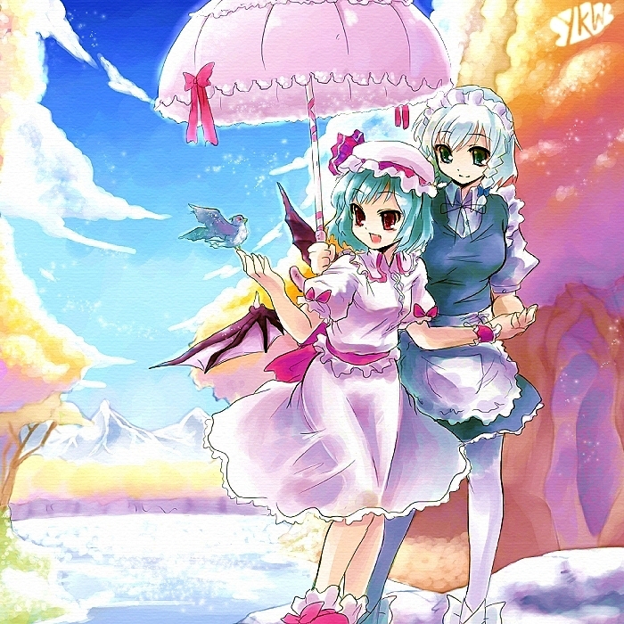 zhaktnf, izayoi sakuya, remilia scarlet, touhou, 2girls, bird, bird on hand, cloud, day, female focus, forest, mountain, multiple girls, nature, outdoors, pantyhose, sky, umbrella, water