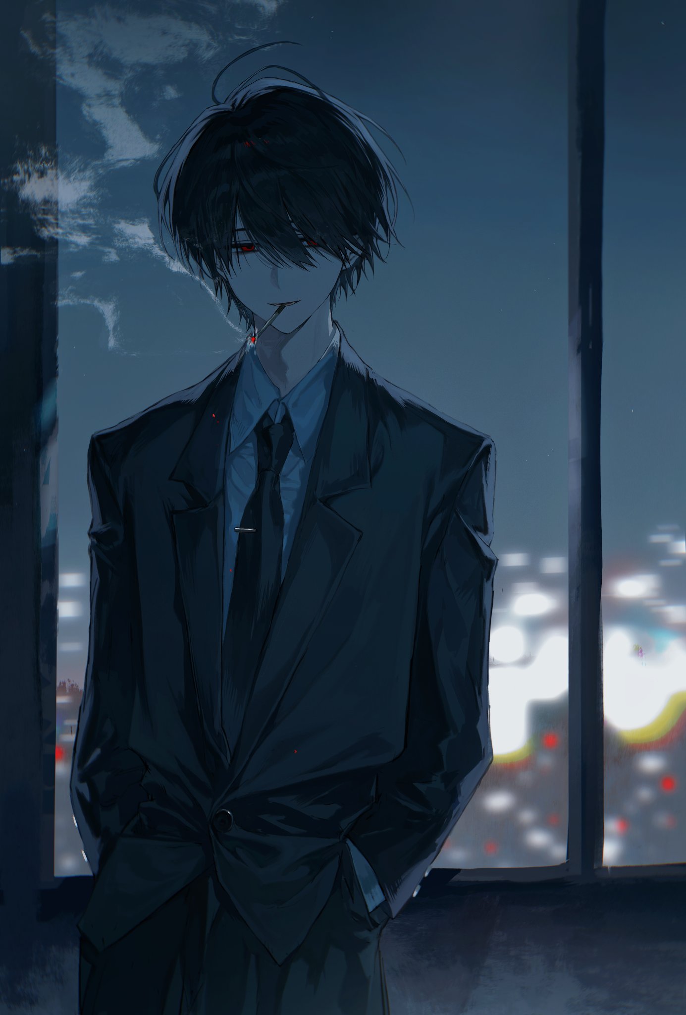 sona (lnjixn), ooe (game), highres, 1boy, black hair, black jacket, black necktie, black pants, black suit, blurry, cigarette, collared shirt, cowboy shot, cross, daiba shizuma, formal clothes, hair between eyes, hands in pockets, indoors, jacket, jewelry, long sleeves, looking at viewer, male focus, mouth hold, necktie, night, pants, red eyes, shirt, short hair, sky, smoke, smoking, solo, standing, suit, white shirt, window