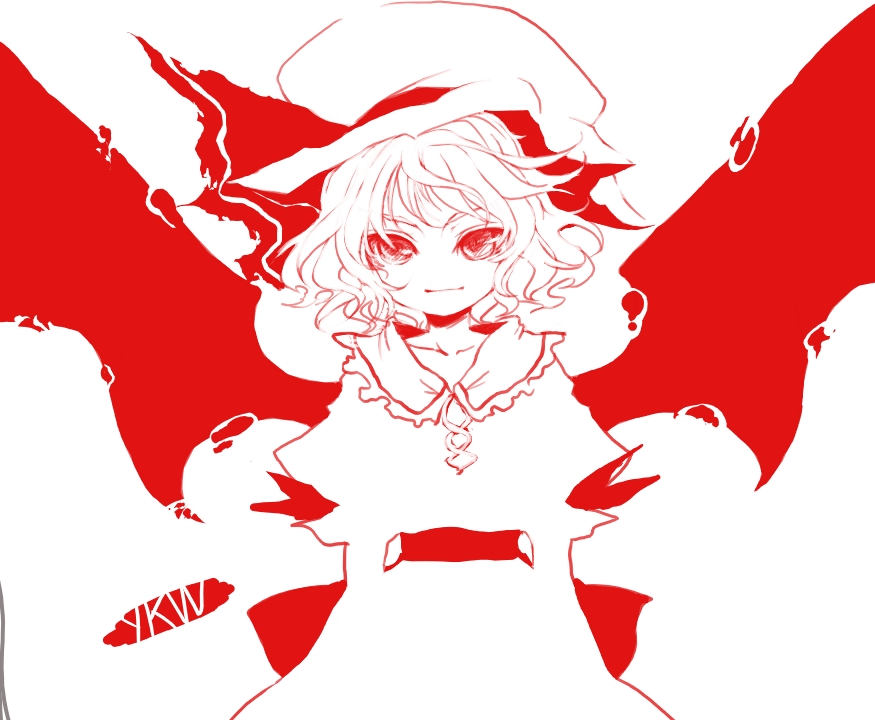 zhaktnf, remilia scarlet, touhou, 1girl, female focus, monochrome, red theme, solo, wings
