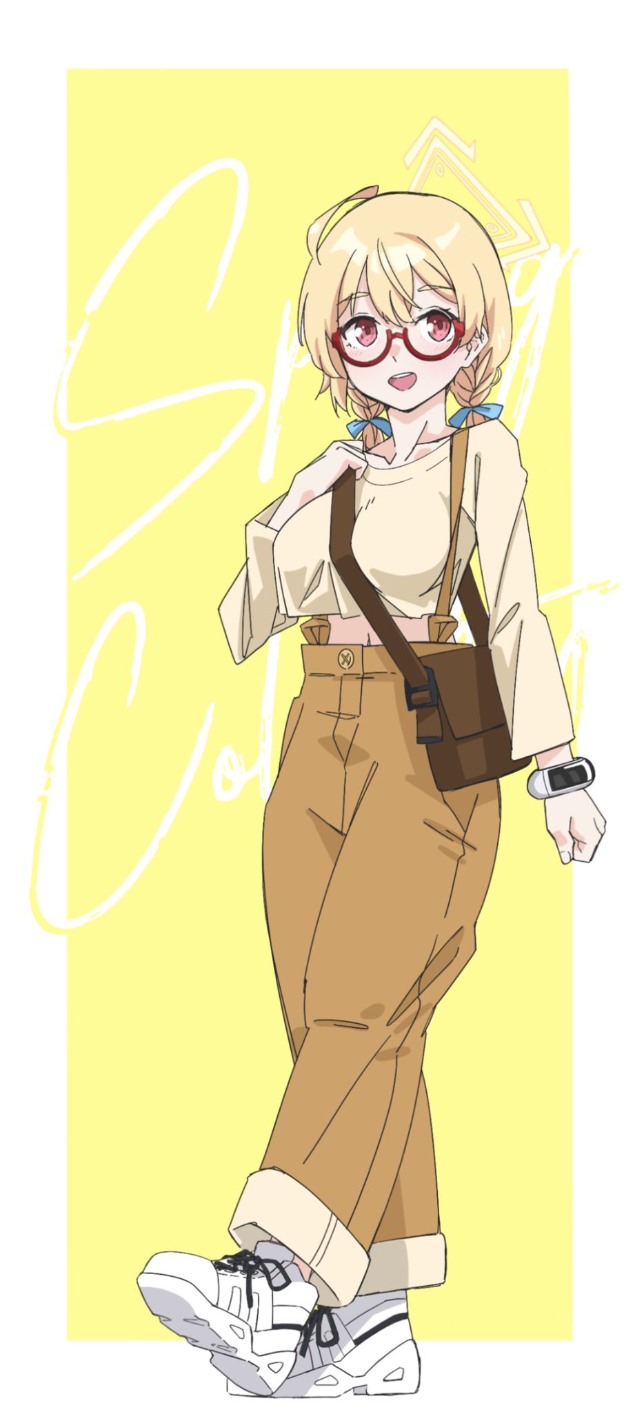 vividnatadecoco, kotori (blue archive), blue archive, commentary request, highres, 1girl, :d, bag, between breasts, blonde hair, blue bow, border, bow, braid, breasts, brown pants, brown shirt, crop top, crop top overhang, glasses, hair between eyes, hair bow, halo, hand up, large breasts, low twintails, navel, open mouth, pants, red-framed eyewear, red eyes, semi-rimless eyewear, shirt, shoes, shoulder bag, smile, solo, strap between breasts, teeth, text background, twin braids, twintails, under-rim eyewear, upper teeth only, walking, white border, white shoes, yellow background