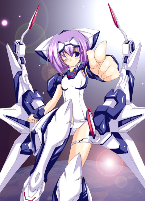 yumesato makura, exelica, trigger heart exelica, 1girl, blue eyes, female focus, mecha musume, one eye closed, pointing, purple hair, short hair, solo