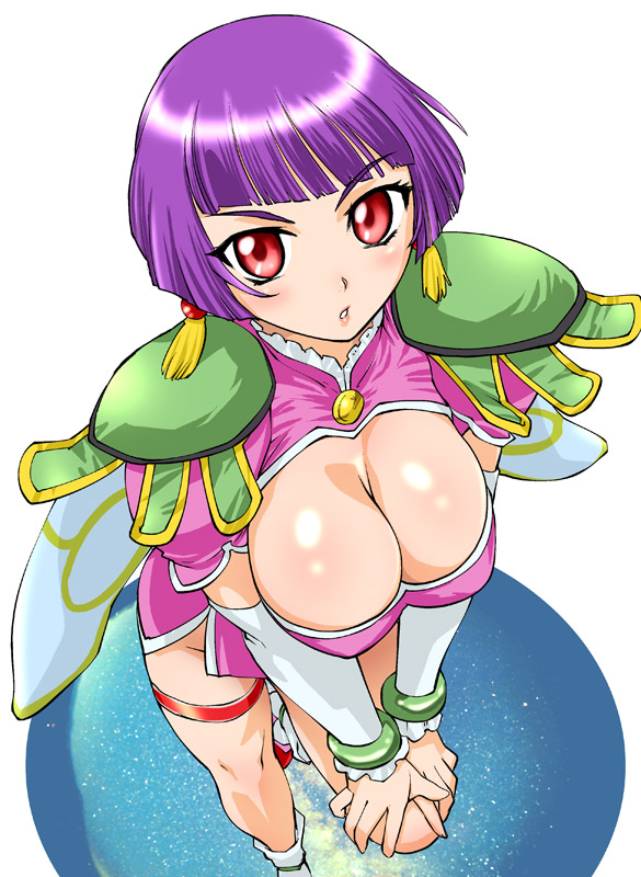 ueyama michirou, li meifon, angel links, 1990s (style), 1girl, belt, blush, bob cut, boots, bracelet, breasts, cleavage, cleavage cutout, clothing cutout, detached sleeves, dress, earrings, female focus, from above, gloves, jewelry, large breasts, leg lift, purple hair, red eyes, retro artstyle, short hair, shoulder pads, side slit, solo, tassel, tassel earrings, thigh strap, thighs