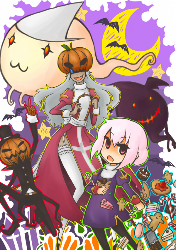 high priest (ragnarok online), lude (ragnarok online), priest (ragnarok online), quve (ragnarok online), ragnarok online, commentary request, 1other, 2girls, black pants, black pantyhose, cake, cake slice, candy, candy cane, cookie, cowboy shot, crescent moon, dress, food, garter straps, ghost, gingerbread man, halloween, jack-o'-lantern, jack-o'-lantern head, jakk (ragnarok online), juliet sleeves, long hair, long sleeves, looking at viewer, moon, multiple girls, open mouth, pants, pantyhose, pink hair, puffy sleeves, pumpkin on head, purple dress, purple sky, red dress, red eyes, robert (pixiv194826), sash, short hair, sky, smile, thighhighs, two-tone dress, white dress, white sash, white thighhighs, wrapped candy