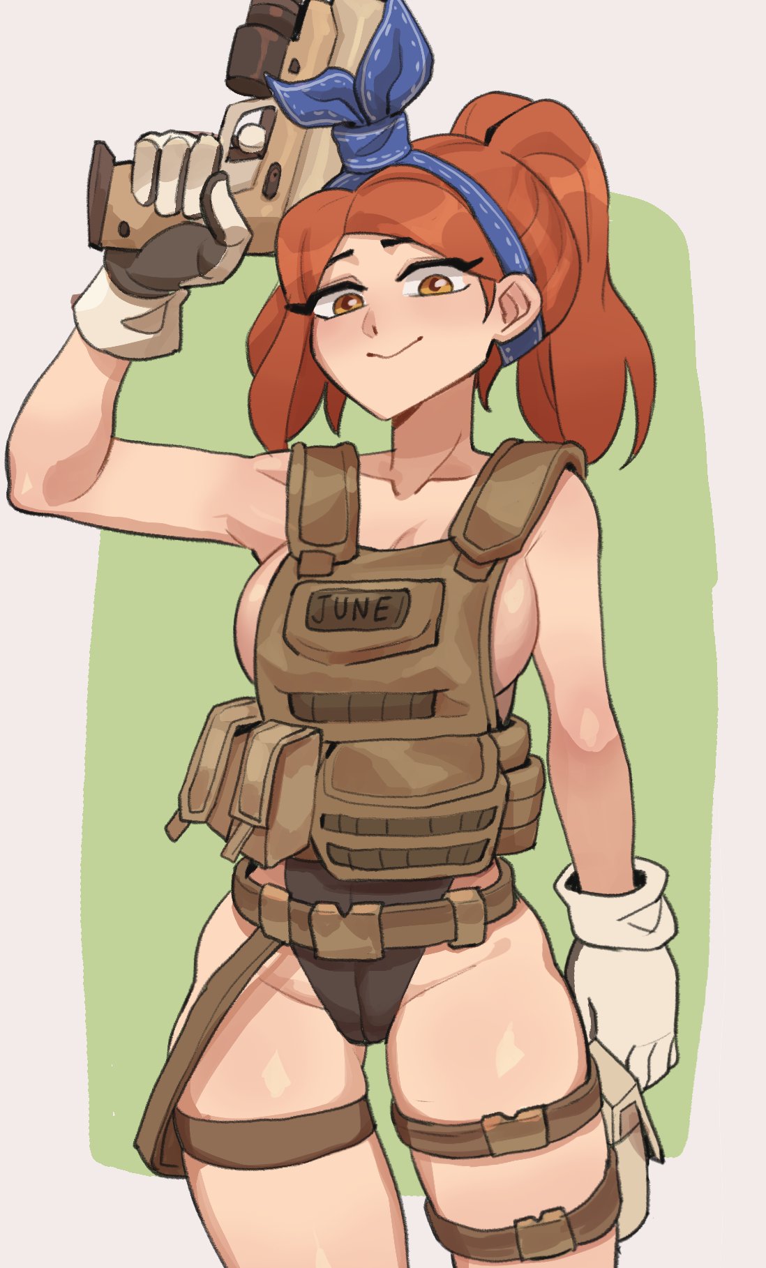 hyyun ho, june (hyyun ho), original, commentary, english commentary, highres, 1girl, black panties, blue ribbon, border, breasts, closed mouth, collarbone, cowboy shot, finger on trigger, gloves, green background, gun, hair ribbon, hand up, handgun, holding, holding gun, holding weapon, large breasts, load bearing vest, long hair, orange eyes, orange hair, outside border, panties, ribbon, smile, solo, thigh strap, underwear, weapon, white border, white gloves
