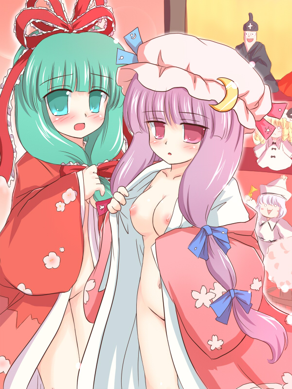 ry (yagoyago), kagiyama hina, luna child, merlin prismriver, patchouli knowledge, yagokoro, touhou, 2girls, blush, character doll, doll, female focus, front ponytail, hair ribbon, hina ningyou, hinadan, japanese clothes, kimono, long hair, looking at viewer, multiple girls, nipples, no bra, no panties, o o, open clothes, open kimono, ribbon, very long hair