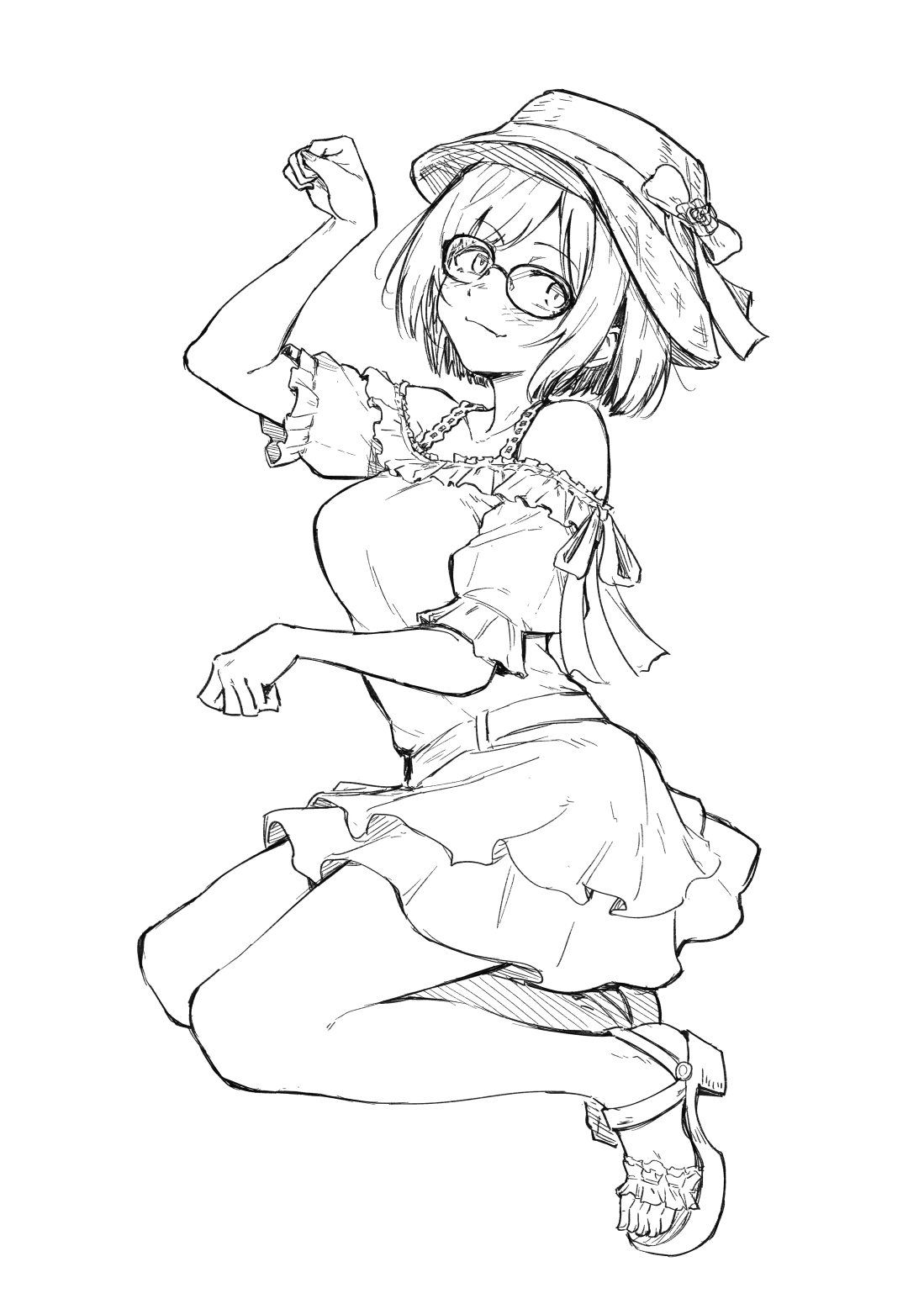 unu (unucence), maekawa miku, idolmaster, idolmaster cinderella girls, character request, copyright request, highres, 1girl, belt, bow, breasts, claw pose, collarbone, dress, fingernails, flower, frilled dress, frills, full body, glasses, greyscale, hand up, hat, high heel sandals, jumping, large breasts, light blush, medium breasts, monochrome, off shoulder, sandals, short hair, sidelocks, simple background, solo, straw hat, swept bangs, white background