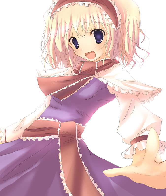 rikudou inuhiko, alice margatroid, touhou, 1girl, blonde hair, blouse, blue eyes, blush, cowboy shot, dress, female focus, pinafore dress, shirt, simple background, sleeveless, sleeveless dress, solo, white background, white shirt