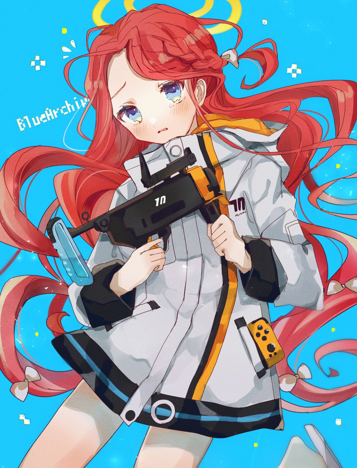 nemunemu1226, yuzu (blue archive), blue archive, highres, 1girl, blue eyes, gun, halo, holding, holding gun, holding weapon, jacket, long hair, nintendo switch, red hair, weapon, white jacket