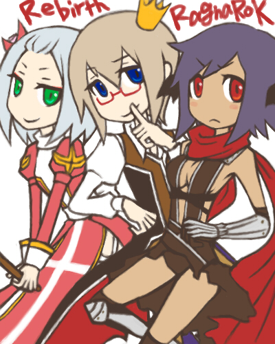 assassin cross (ragnarok online), clown (ragnarok online), high priest (ragnarok online), ragnarok online, commentary request, lowres, 1boy, 2girls, black gloves, black leotard, blue eyes, breasts, brown hair, brown vest, cleavage, closed mouth, collared shirt, copyright name, cowboy shot, crown, dark-skinned female, dark skin, dress, elbow gloves, gloves, green eyes, grey hair, juliet sleeves, leotard, long sleeves, looking at viewer, medium breasts, mini crown, multiple girls, puffy sleeves, purple hair, red dress, red eyes, red scarf, revealing clothes, robert (pixiv194826), scarf, shirt, short hair, simple background, small breasts, smile, tan, two-tone dress, vambraces, vest, white background, white dress, white shirt