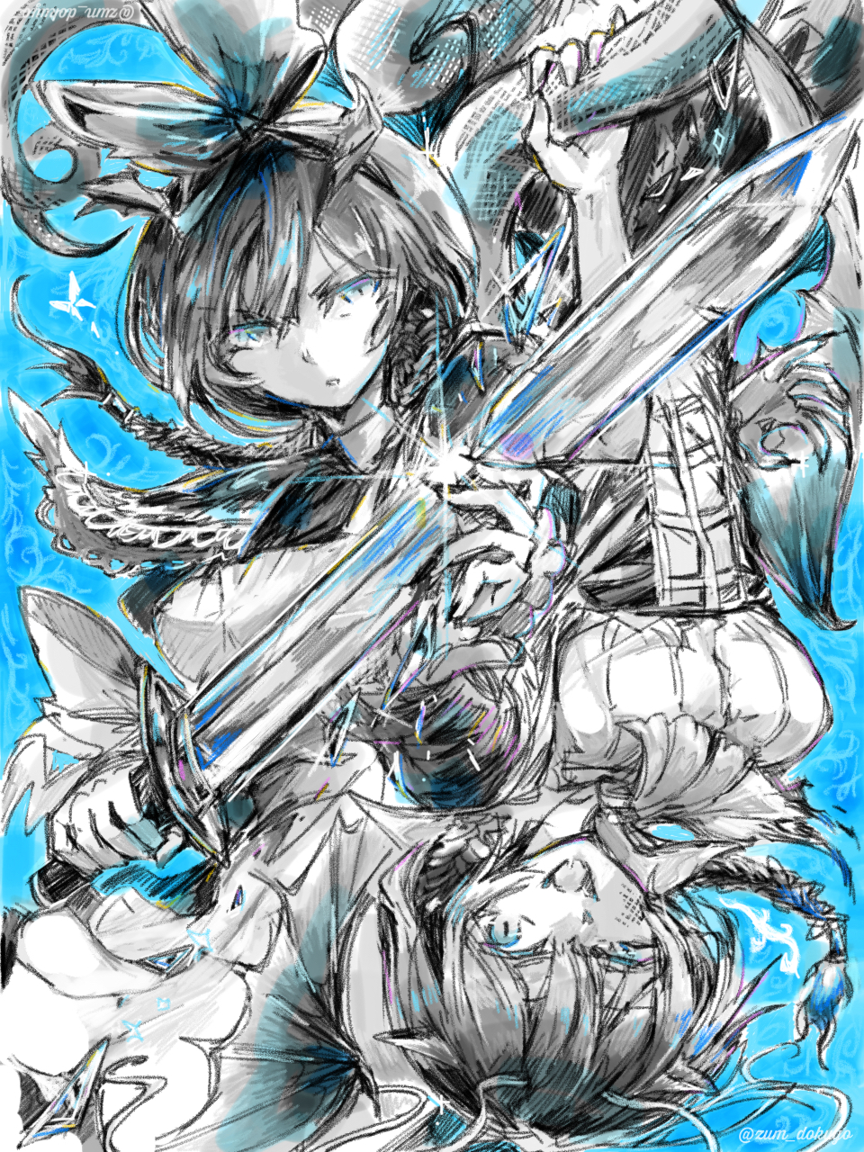 tsundoku, es (alter ego), alter ego (game), highres, 1girl, 2girls, alternate costume, apron, black hair, blue background, blue eyes, bow, braid, braided ponytail, bug, butterfly, card, claws, cosplay, fangs, gloves, hair bow, horns, insect, looking at another, looking at viewer, monochrome, multiple girls, overalls, scarf, serious, smile, sparkle, sword, tentacles, weapon, white gloves, wings, zumdocu
