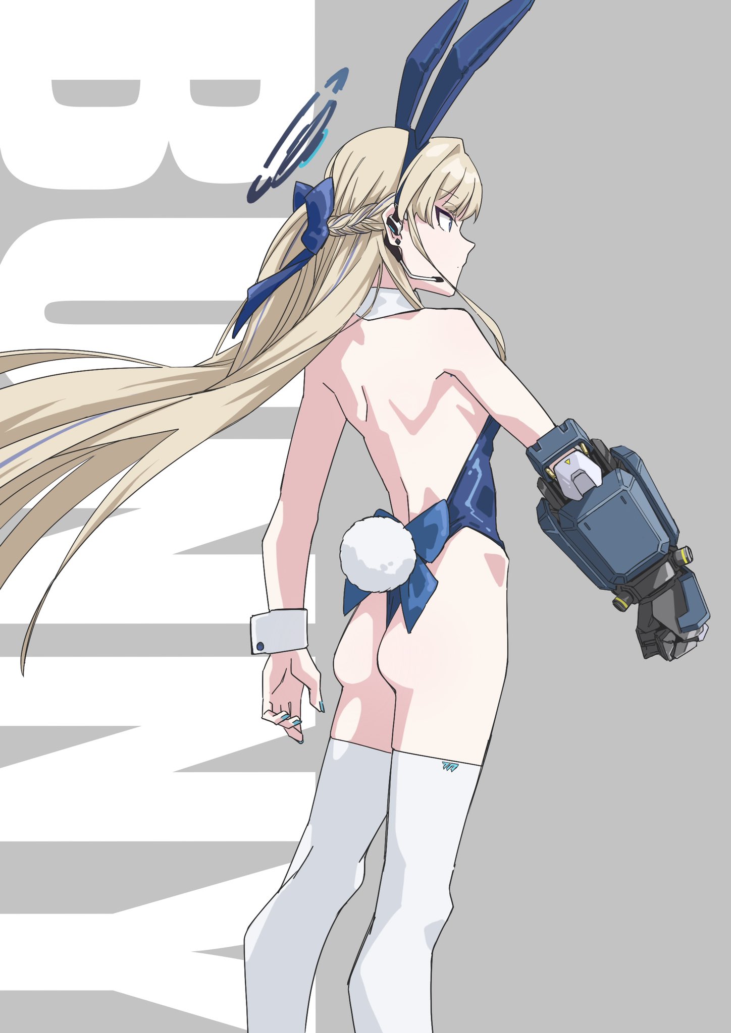vividnatadecoco, toki (blue archive), toki (bunny) (blue archive), blue archive, commentary request, highres, 1girl, animal ears, ass, back, bare shoulders, blonde hair, blue bow, blue eyes, blue hair, blue hairband, blue leotard, blue nails, bow, braid, closed mouth, collar, detached collar, english text, fake animal ears, grey background, hair bow, hairband, halo, headset, kneepits, leotard, long hair, multicolored hair, nail polish, playboy bunny, power fist, profile, rabbit ears, rabbit tail, simple background, solo, standing, strapless, strapless leotard, streaked hair, tail, text background, thighhighs, very long hair, white collar, white thighhighs, wrist cuffs