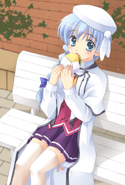 koyuki (2smj), koyuki (artist), takatsuki tonoko, haruka ni aogi uruwashi no, 1girl, bench, blue eyes, blue hair, braid, burger, eating, female focus, food, long hair, looking at viewer, matching hair/eyes, single braid, skirt, solo, thighhighs, white thighhighs, zettai ryouiki