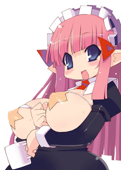 zankuro, mage (disgaea), disgaea, original, 1girl, blue eyes, breasts, covered erect nipples, cup, female focus, large breasts, maid, maid headdress, mug, open mouth, pasties, pink hair, pointy ears, solo, star (symbol), star pasties