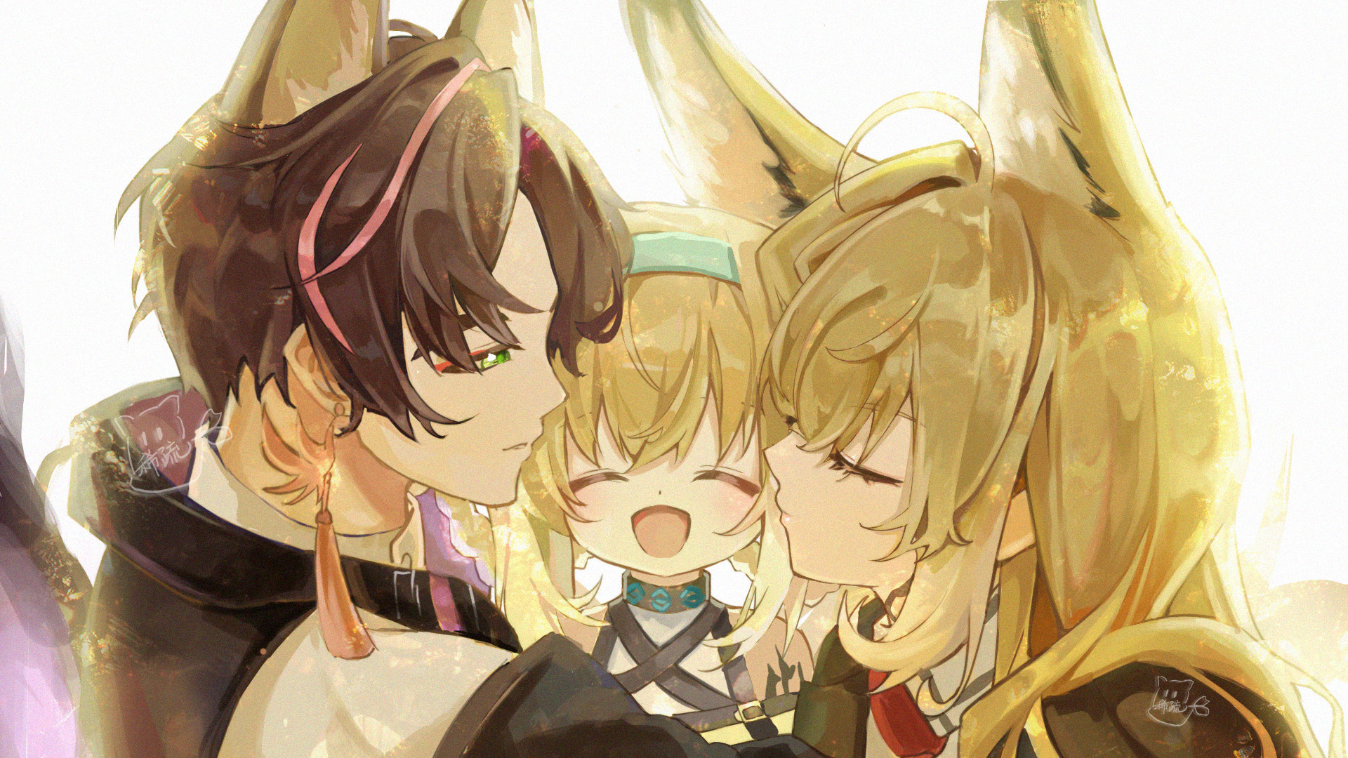 xishuu (user dvah3828), infection monitor (arknights), suzuran's father (arknights), suzuran (arknights), vulpisfoglia (arknights), original, chinese commentary, commentary request, highres, 1boy, 2girls, animal ears, black hair, blonde hair, blue hairband, closed eyes, earrings, extra ears, fox boy, fox ears, fox girl, fox tail, green eyes, hairband, jewelry, long hair, material growth, multicolored hair, multiple girls, open mouth, oripathy lesion (arknights), pink hair, short hair, simple background, streaked hair, tail, very short hair, white background