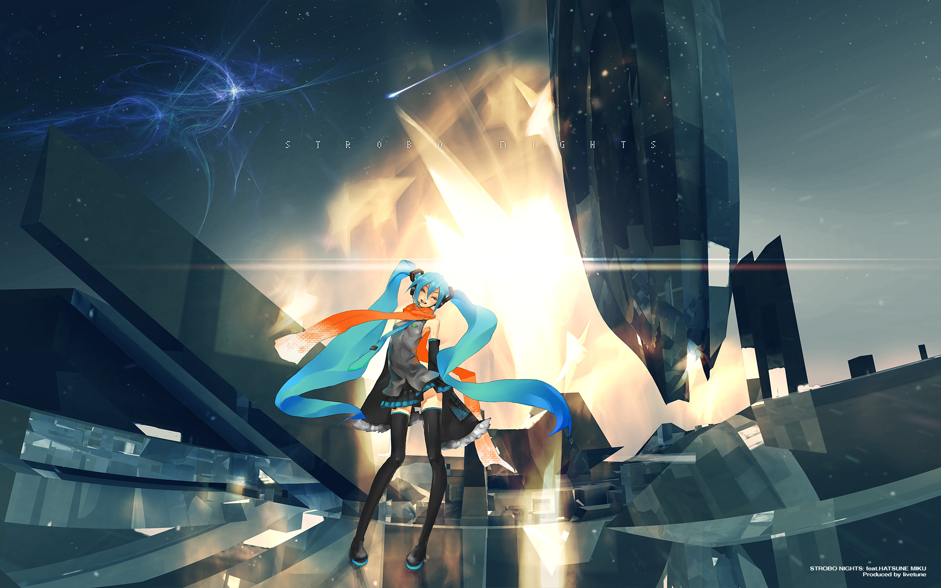 redjuice, hatsune miku, vocaloid, highres, 1girl, bare shoulders, blue hair, breasts, detached sleeves, female focus, long hair, necktie, orange scarf, scarf, skirt, small breasts, solo, song name, thighhighs, twintails, very long hair, zettai ryouiki