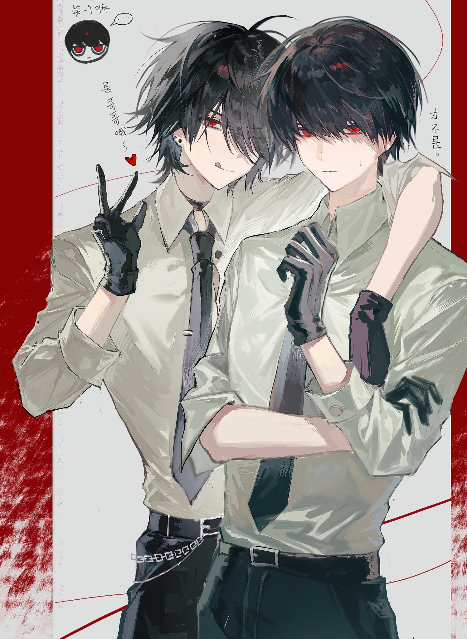 sona (lnjixn), oosaki (ooe), ooe (game), highres, 2boys, :q, arm around shoulder, belt, black choker, black gloves, black hair, black necktie, black pants, chain, choker, closed mouth, collared shirt, cowboy shot, crossed arms, daiba shizuma, ear piercing, earrings, gloves, hair over one eye, hand up, heart, jewelry, long sleeves, looking at viewer, male focus, multiple boys, necktie, pants, piercing, red eyes, shirt, short hair, sleeves rolled up, smile, sweatdrop, tongue, tongue out, v, white shirt