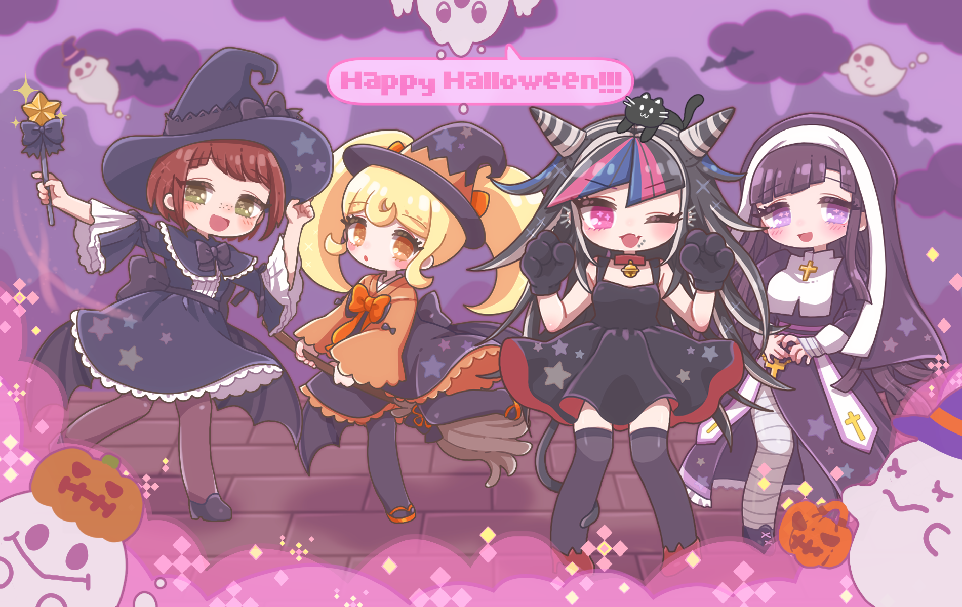 koropote, koizumi mahiru, mioda ibuki, saionji hiyoko, tsumiki mikan, danganronpa (series), danganronpa 2: goodbye despair, commentary request, highres, 4girls, :>, :3, :d, :o, animal hands, bandaged leg, bandages, bat (animal), black bow, black bowtie, black cat, black dress, black hat, black thighhighs, blonde hair, blush, bow, bowtie, breasts, broom, brown eyes, brown pantyhose, cat, cat paws, cross, dress, freckles, ghost, halloween, halloween costume, happy halloween, hat, holding, holding broom, juliet sleeves, long sleeves, looking at viewer, medium breasts, multiple girls, nun, official alternate costume, one eye closed, open mouth, orange bow, orange bowtie, orange eyes, pantyhose, pink background, pink eyes, puffy sleeves, pumpkin, purple hat, red dress, red hair, short hair, smile, star (symbol), star print, thighhighs, twintails, two-tone dress, witch hat