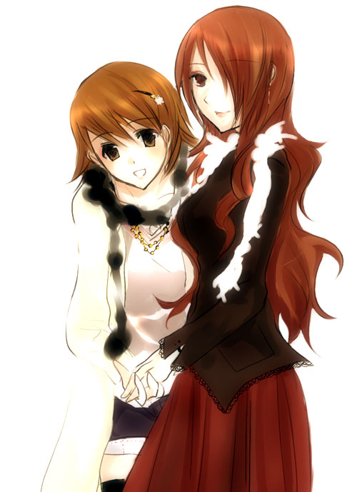 kirijou mitsuru, takeba yukari, atlus, persona, persona 3, 2girls, black scarf, blush, breasts, brown eyes, brown hair, cropped legs, flower, hair flower, hair ornament, hair over one eye, holding hands, jewelry, long hair, long sleeves, looking at viewer, multiple girls, necklace, red hair, red skirt, scarf, short hair, simple background, skirt, smile, white background, white scarf