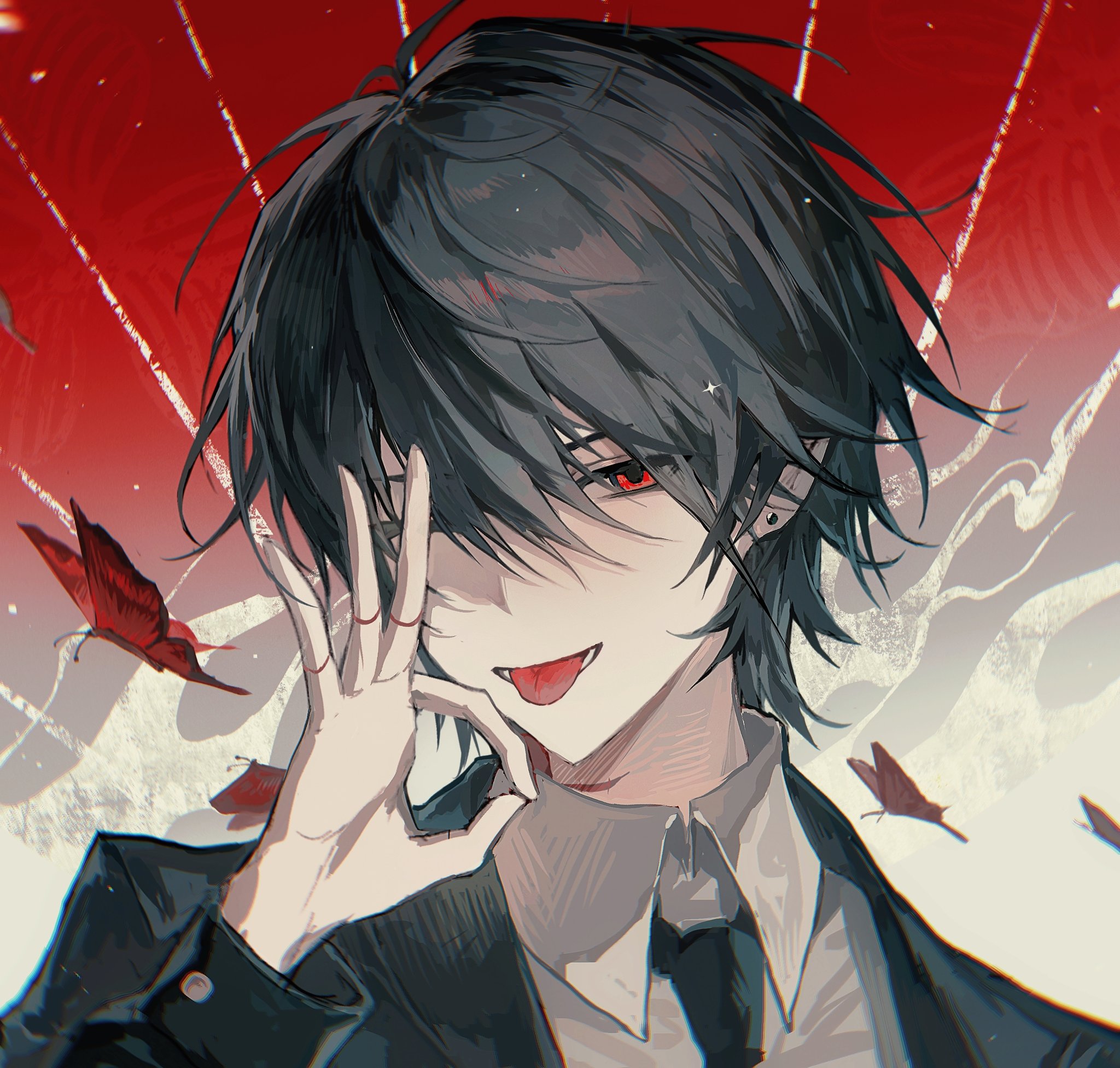 sona (lnjixn), ooe (game), highres, 1boy, black hair, black jacket, black necktie, bug, butterfly, collared shirt, daiba shizuma, ear piercing, earrings, fangs, formal clothes, gradient background, hair between eyes, hand up, insect, jacket, jewelry, long sleeves, looking at viewer, male focus, necktie, one eye closed, open mouth, piercing, pointy ears, portrait, red eyes, shirt, short hair, smile, solo, stud earrings, suit, tongue, tongue out, upper body, white shirt