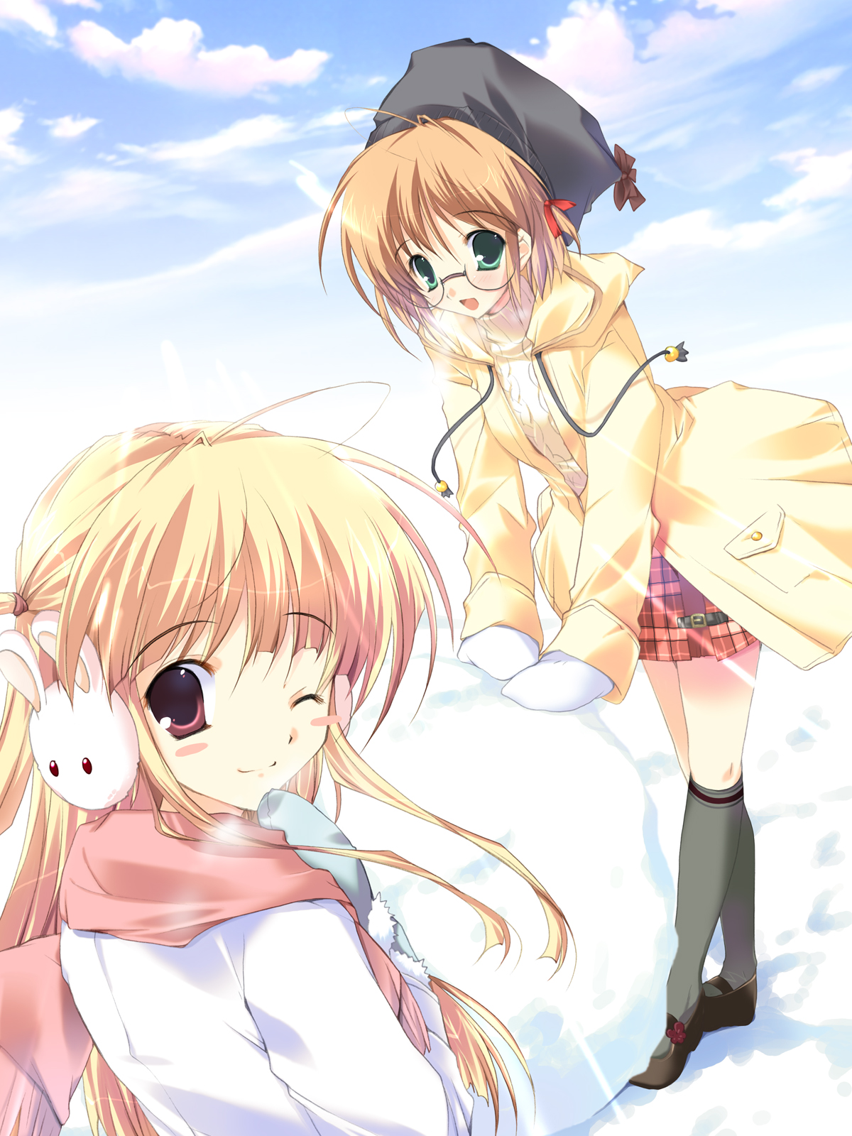 mikeou, pink chuchu, highres, 2girls, blonde hair, brown hair, day, gloves, green eyes, kneehighs, long hair, mittens, multiple girls, plaid clothes, plaid skirt, red eyes, scarf, short hair, skirt, sky, snow, socks, white mittens