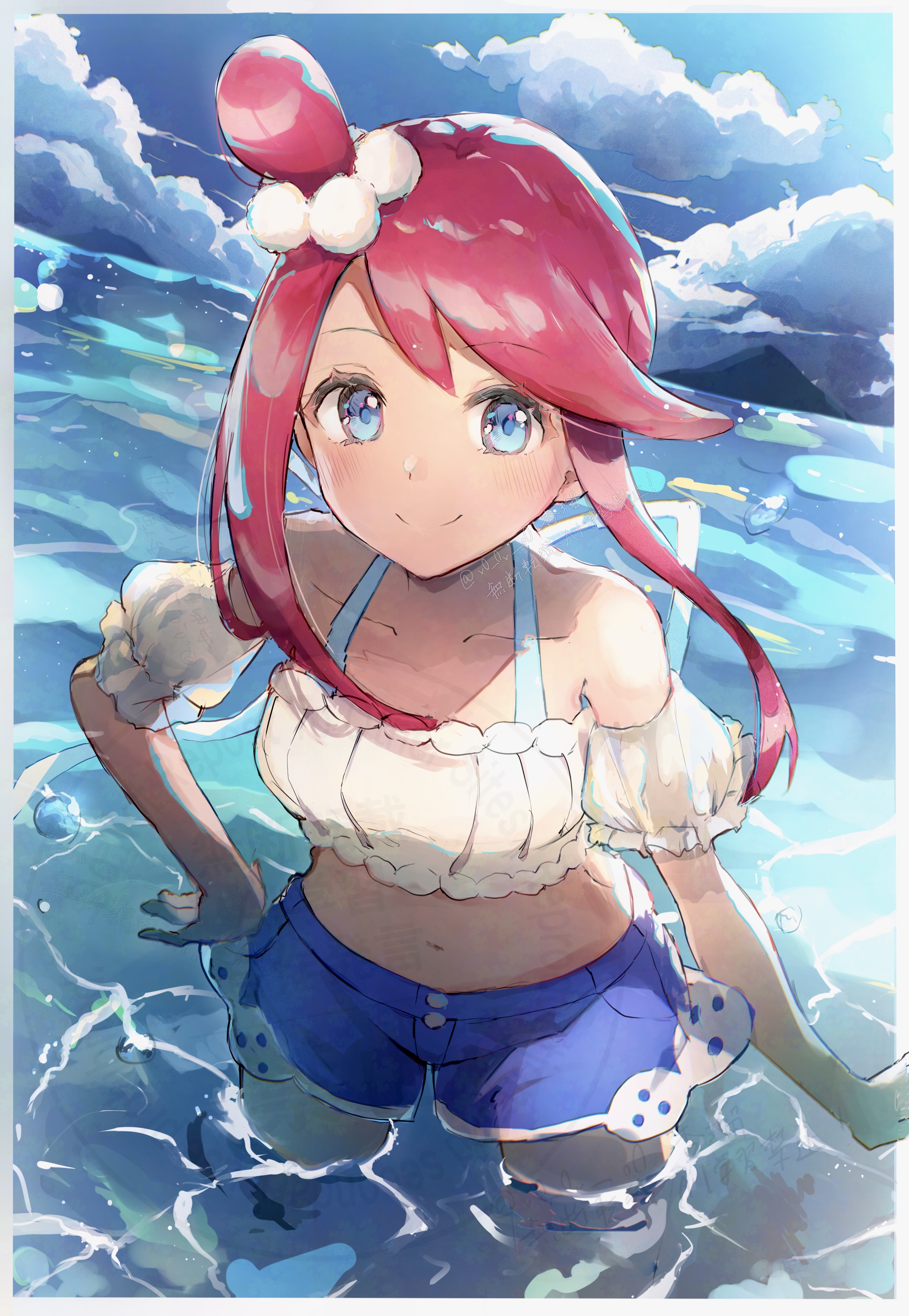 anzu (v0 0v o0), skyla (pokemon), skyla (summer 2025) (pokemon), nintendo, pokemon, pokemon masters ex, absurdres, highres, 1girl, bare shoulders, bikini, bikini under clothes, bikini under shorts, blue eyes, blue shorts, blush, border, breasts, closed mouth, cloud, cloudy sky, collarbone, crop top, denim, denim shorts, hair ornament, hand on own hip, looking at viewer, midriff, navel, ocean, off-shoulder shirt, off shoulder, official alternate costume, one side up, outdoors, outside border, red hair, shirt, short hair with long locks, shorts, sidelocks, sky, smile, solo, swept bangs, swimsuit, wading, white border