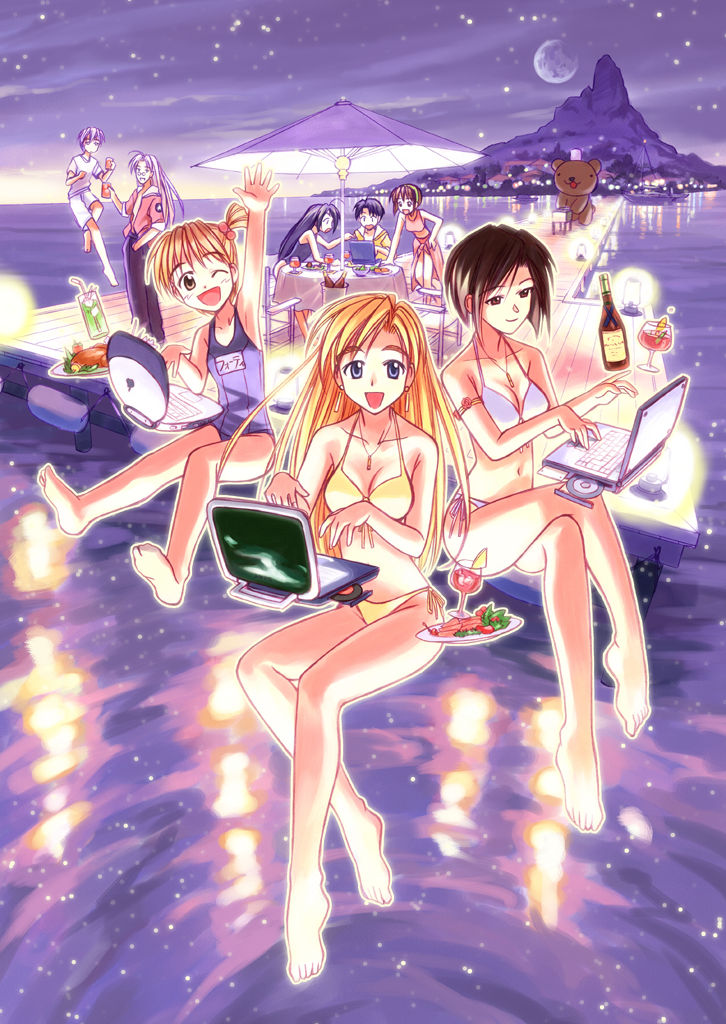 akamatsu ken, asou kimika, koube hitoshi, koube kikuko, niitta, program #20, program #30, program #40, ai ga tomaranai!, apple inc., macintosh, jpeg artifacts, 3boys, 5girls, alcohol, armband, barefoot, beach umbrella, beer, bikini, blonde hair, blue eyes, brown eyes, brown hair, computer, computer keyboard, drink, earrings, eating, everyone, floating, food, full moon, hair bobbles, hair ornament, island, jewelry, laptop, legs, long hair, moon, multiple boys, multiple girls, name tag, necklace, night, night sky, one-piece swimsuit, open mouth, pier, red hair, reflection, school swimsuit, short hair, side-tie bikini bottom, side ponytail, sky, smile, star (symbol), string bikini, swimsuit, toni namba, tray, turkey (bird), typing, umbrella, water