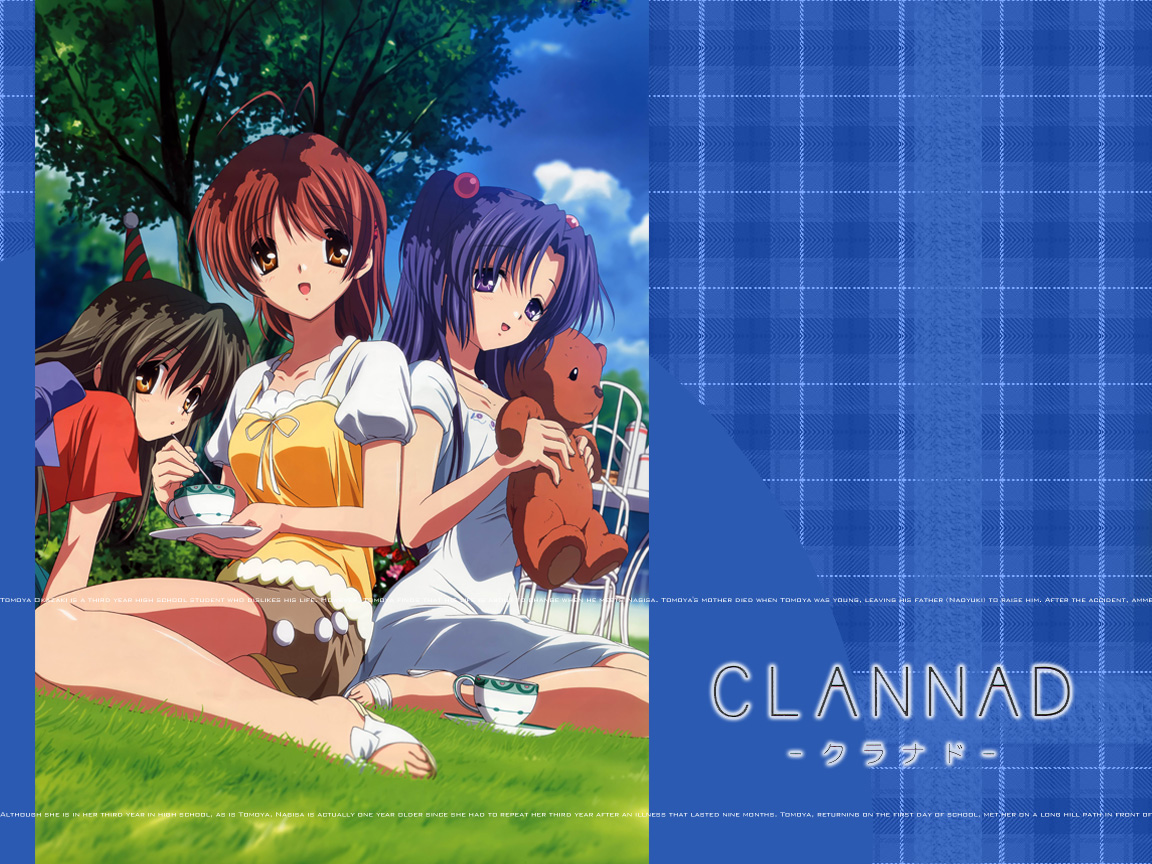 furukawa nagisa, ibuki fuuko, ichinose kotomi, clannad, 00s, 3girls, :o, ahoge, black hair, blue hair, blue sky, blush, brown eyes, brown hair, copyright name, day, dress, hair ornament, hat, long hair, looking at viewer, multiple girls, open mouth, outdoors, party hat, plant, purple eyes, short hair, sitting, sky, toes, tree, twintails, white dress, yokozuwari