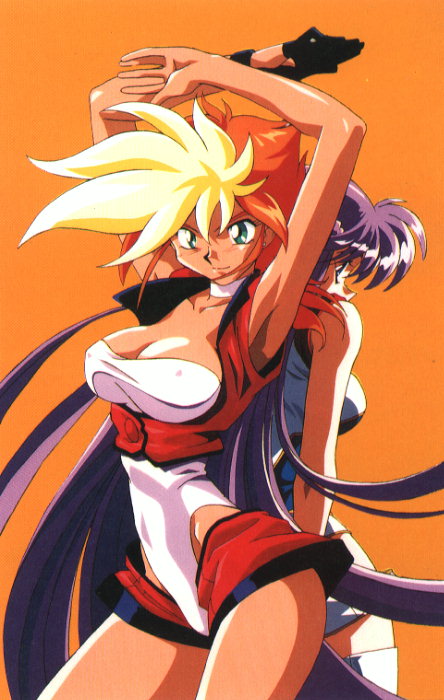kei (dirty pair), kei (dirty pair flash), yuri (dirty pair), yuri (dirty pair flash), dirty pair, dirty pair flash, 1980s (style), 1990s (style), 2girls, armpits, breasts, cleavage, colored bangs, dark-skinned female, dark skin, gloves, leotard, long hair, multiple girls, oldschool, orange background, purple hair, retro artstyle, short hair, simple background, very long hair