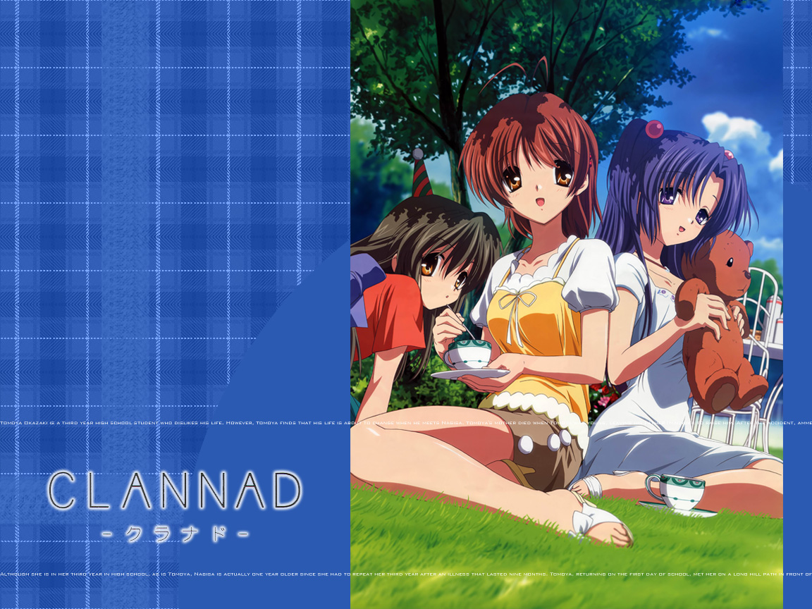 furukawa nagisa, ibuki fuuko, ichinose kotomi, clannad, 00s, 3girls, :o, bag, bare legs, black hair, blue hair, brown eyes, brown hair, copyright name, day, dress, full body, green eyes, handbag, looking at viewer, lying, multiple girls, on stomach, outdoors, parted lips, plant, puffy short sleeves, puffy sleeves, sandals, short sleeves, sitting, toes, tree, white dress