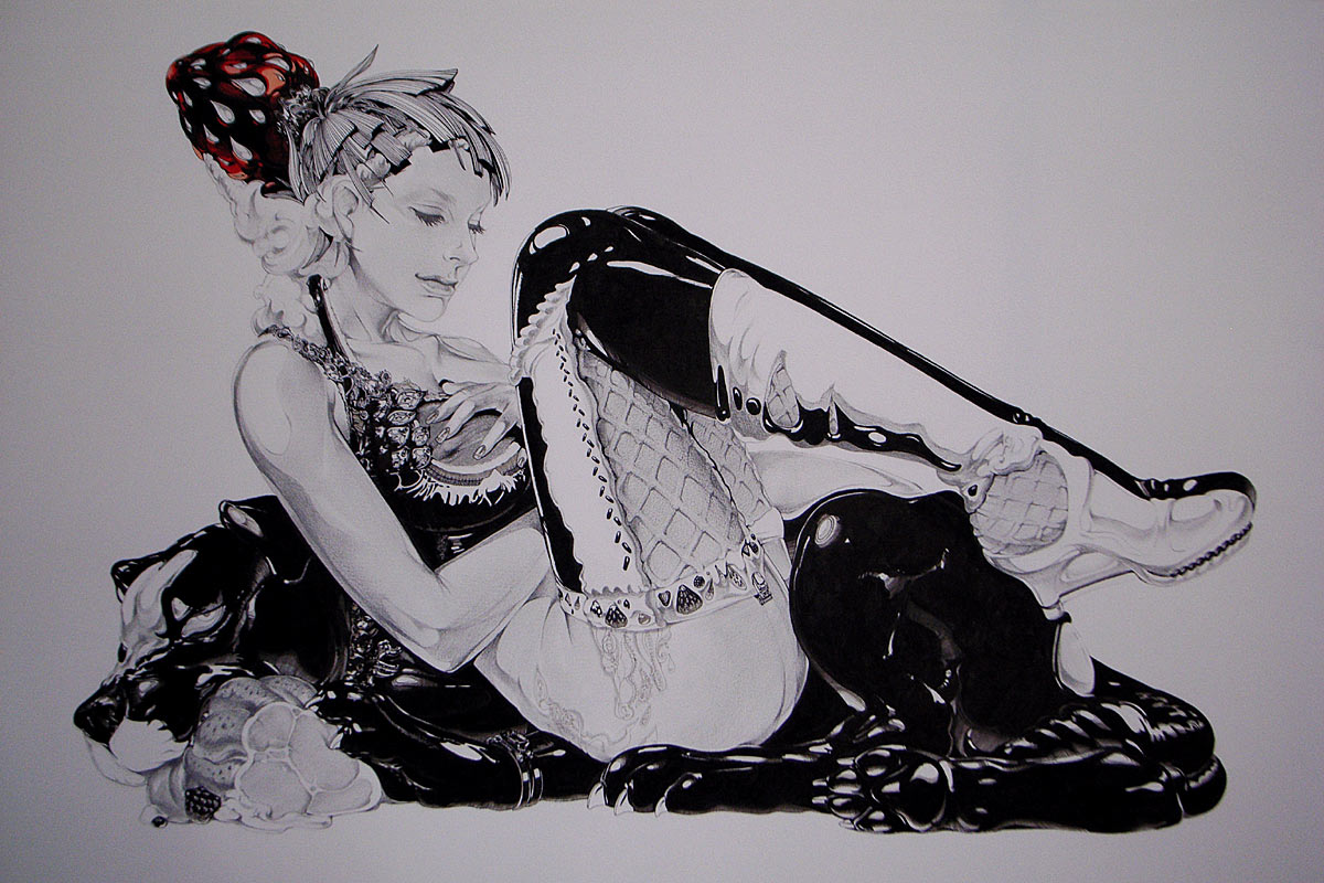 nekoixa, original, bad id, bad pixiv id, traditional media, greyscale, lingerie, monochrome, short hair, solo, thighhighs, underwear
