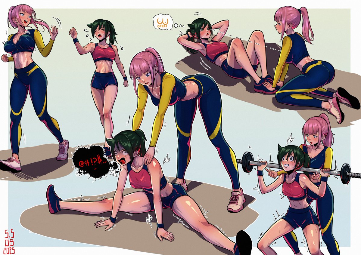 santiagodraws, katou asuka, kuroki tomoko, watashi ga motenai no wa dou kangaetemo omaera ga warui!, 2girls, ass, bags under eyes, black hair, blue eyes, blunt bangs, blush, breasts, cleavage, dated, hair between eyes, large breasts, long hair, looking at another, medium breasts, multiple girls, navel, open mouth, pink hair, signature, smile, yuri