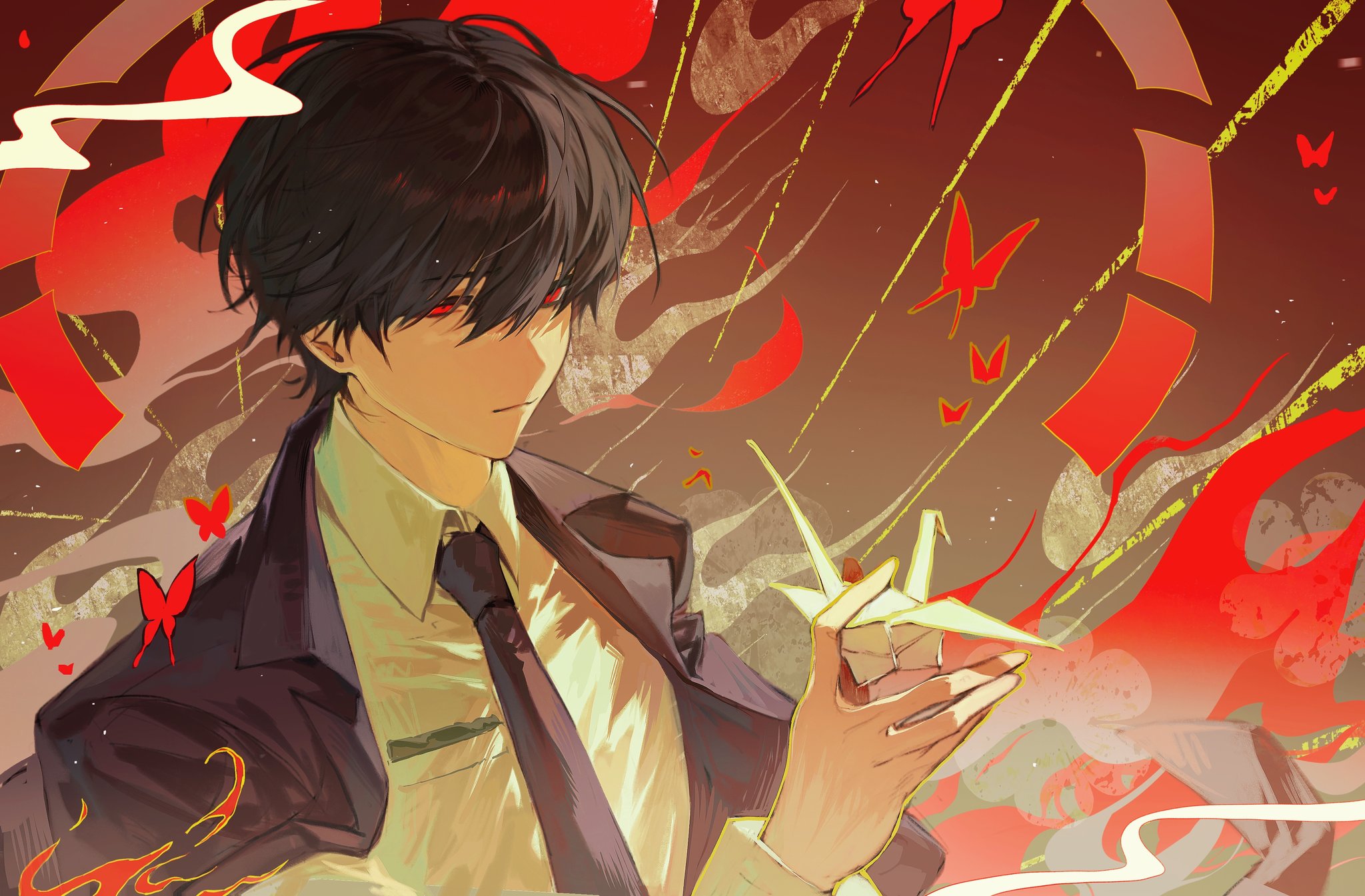 sona (lnjixn), oosaki (ooe), ooe (game), highres, 1boy, black hair, black jacket, black necktie, bug, butterfly, closed mouth, collared shirt, formal clothes, hair between eyes, holding, insect, jacket, long sleeves, male focus, necktie, origami, paper crane, red eyes, shirt, short hair, smoke, solo, suit, upper body, white shirt