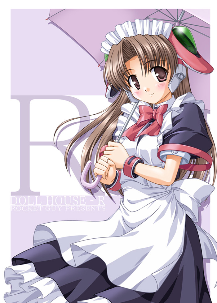 bekkankou, tagme, brown hair, holding, holding umbrella, long hair, maid, red eyes, solo, umbrella