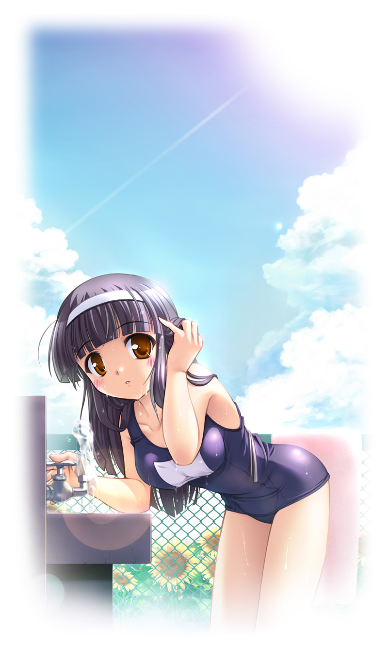 bekkankou, highres, 1girl, black hair, blunt bangs, blush, breasts, brown eyes, chain-link fence, cloud, day, drinking fountain, female focus, fence, flower, fountain, hairband, large breasts, leaning forward, long hair, looking at viewer, name tag, one-piece swimsuit, outdoors, red eyes, school swimsuit, sky, solo, sunflower, swimsuit
