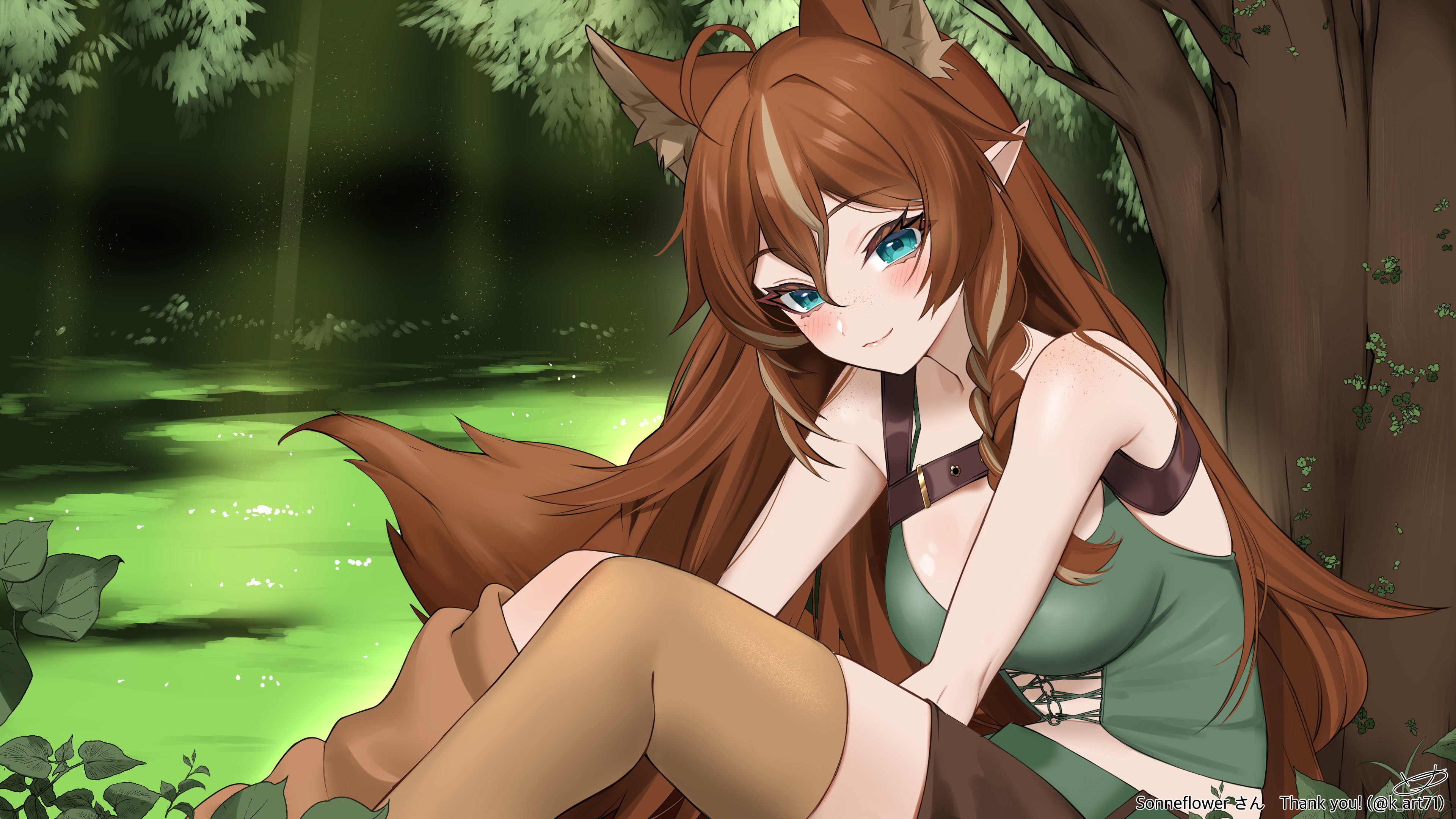k (art71), indie virtual youtuber, absurdres, highres, 1girl, animal ear fluff, animal ears, asymmetrical legwear, blue eyes, blush, breasts, brown hair, chest harness, closed mouth, elf, forest, grey hair, harness, long hair, multicolored hair, nature, pointy ears, solo, sonneflower, streaked hair, tail, tree, twitter username, virtual youtuber